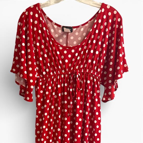 Star Vixen Petite Small Red Polka Dot Empire Waist Maxi Dress Flutter Sleeve - Picture 2 of 7